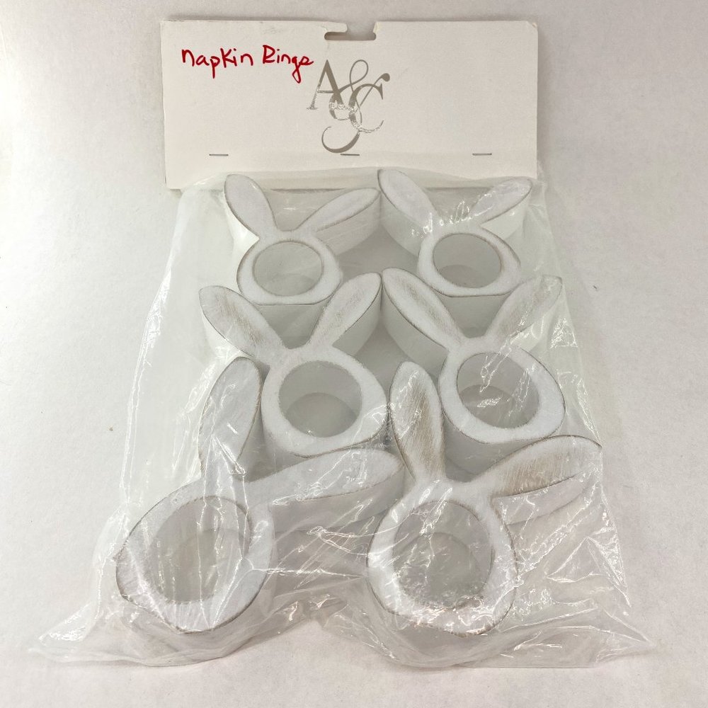 Set of 6 White Painted Heavy Wooden Bunny Rabbit Ears Napkin Rings
